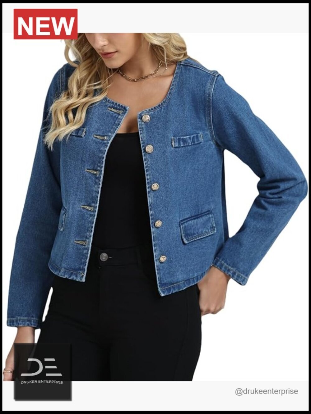 Collarless Long Sleeve Button Down Cropped Denim Jacket Coat
